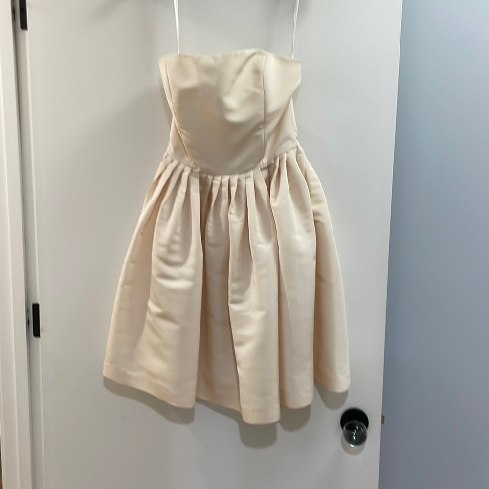 Chloe and Reese strapless short silk wedding dress